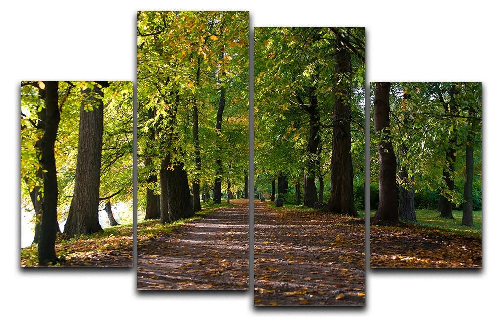 A beautiful 4-split canvas artwork depicting an autumn road lined with colorful leaves in a serene park setting.