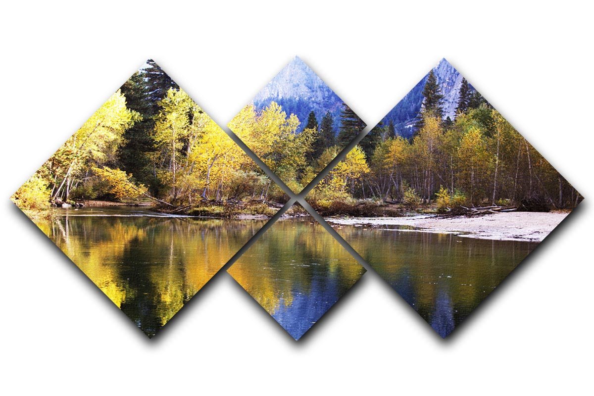A beautiful autumn landscape depicted in a 4-square multi panel canvas, showcasing vibrant fall colors and intricate details.