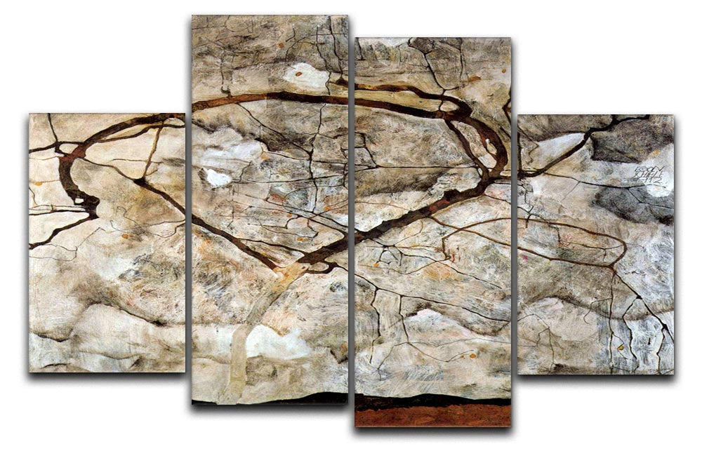 A stunning 4-split canvas artwork featuring an autumn tree swaying in the wind, inspired by Egon Schiele's expressive style.