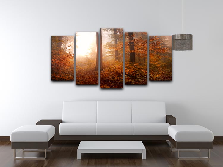 A beautiful 5-split panel canvas artwork featuring vibrant autumn trees in warm colors, creating a dynamic and inviting display.