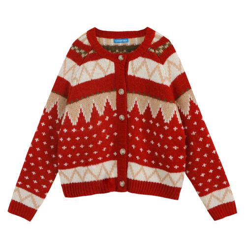 A stylish Autumn Winter Women Christmas Cardigan Sweater featuring a loose fit, geometric pattern, and button decoration, perfect for winter wear.