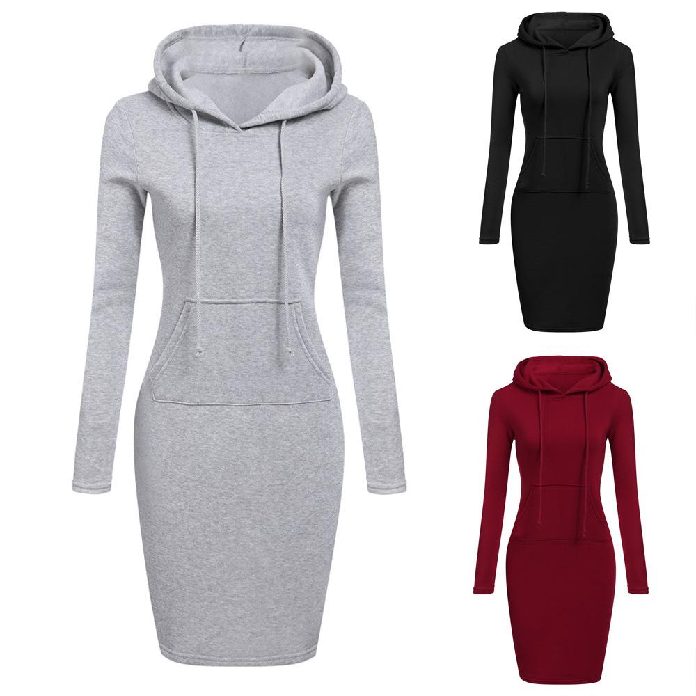 A stylish Autumn Winter Women Sweater Dress featuring a cozy fur fleece material, hooded design, and long sleeves, available in multiple colors.