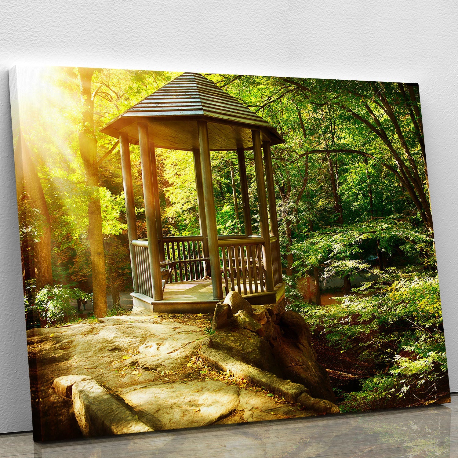 A beautiful canvas print of an autumn park landscape featuring vibrant fall foliage and serene pathways.