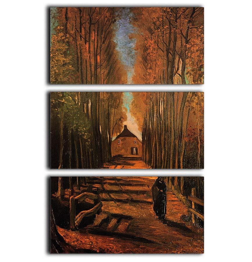 Avenue of Poplars in Autumn by Van Gogh, a 3-panel canvas print showcasing vibrant autumn colors and intricate details.