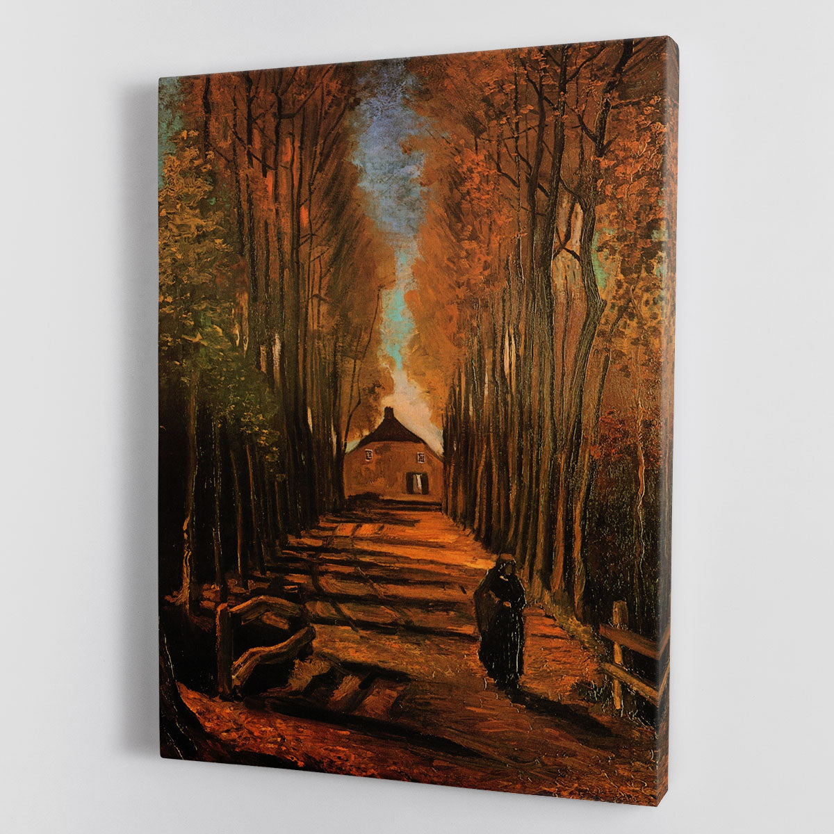 A beautiful canvas print of Van Gogh's Avenue of Poplars in Autumn, showcasing vibrant autumn colors and serene landscape.
