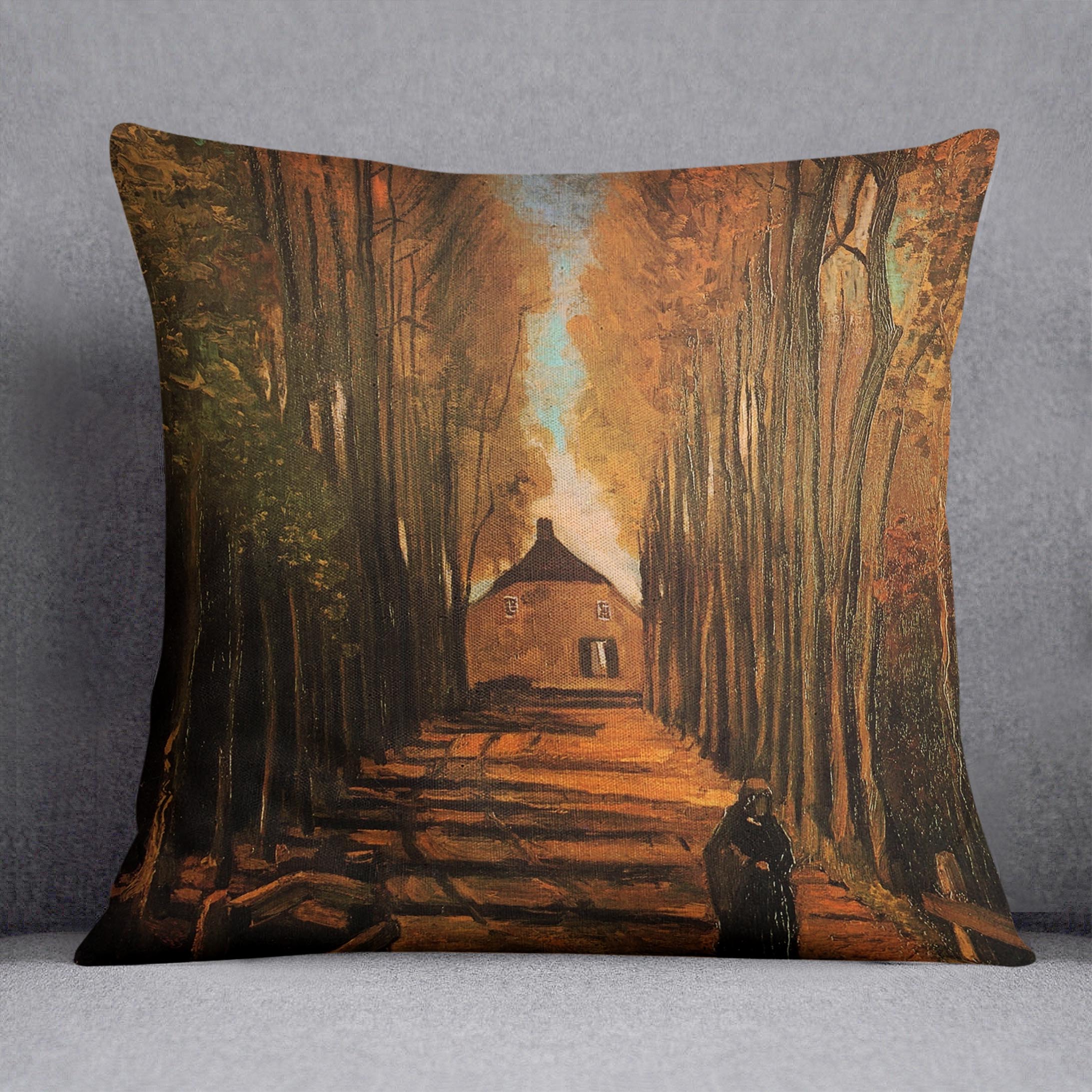 A vibrant cushion featuring Van Gogh's Avenue of Poplars in Autumn design, made from luxurious vegan faux suede.