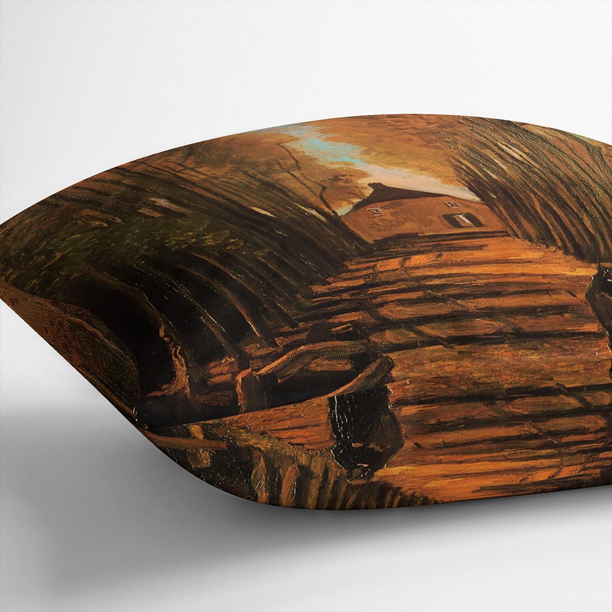 A vibrant cushion featuring Van Gogh's Avenue of Poplars in Autumn design, made from luxurious vegan faux suede.