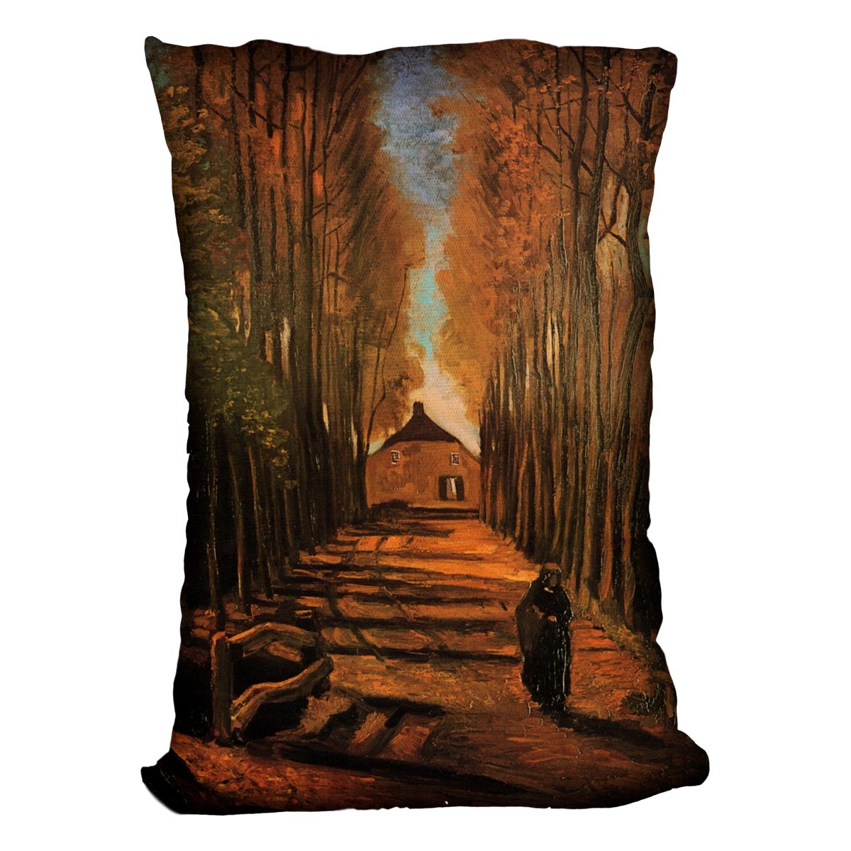 A vibrant cushion featuring Van Gogh's Avenue of Poplars in Autumn design, made from luxurious vegan faux suede.