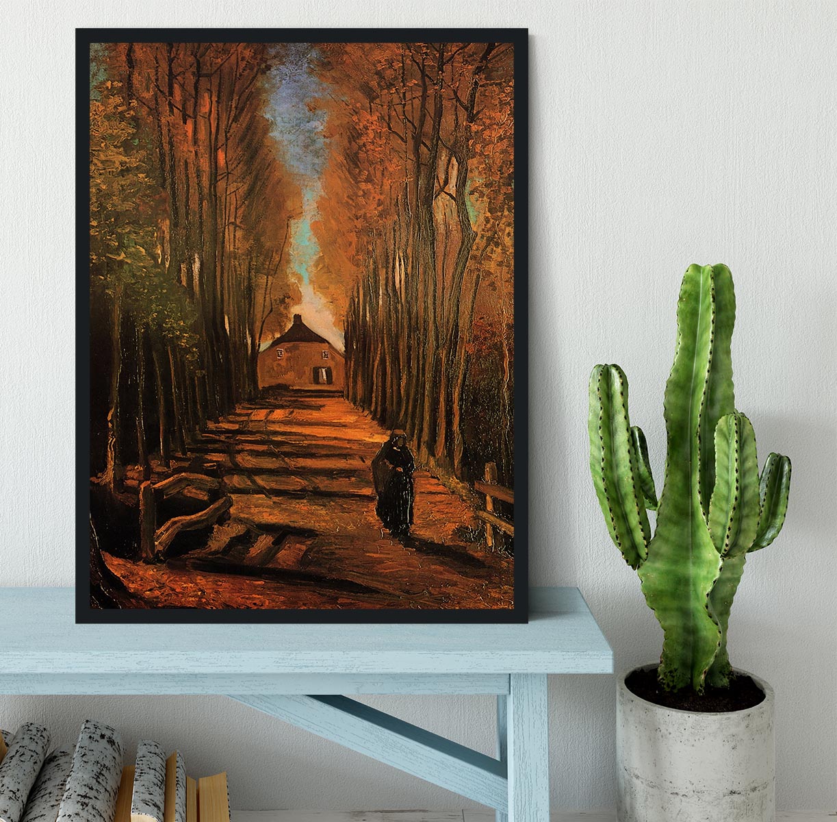 Framed print of Avenue of Poplars in Autumn by Van Gogh, showcasing vibrant autumn colors and intricate details.