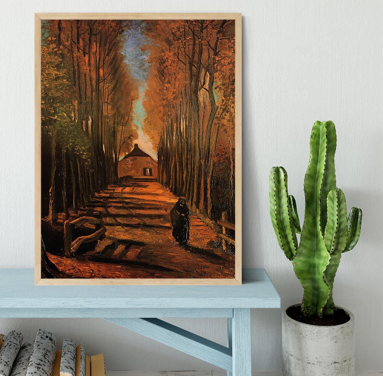 Framed print of Avenue of Poplars in Autumn by Van Gogh, showcasing vibrant autumn colors and intricate details.