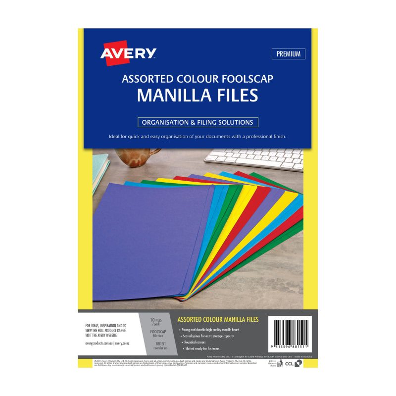 AVERY Manilla Folder Assorted FC Pack of 10 featuring various colors and a strong manilla board design for document organization.