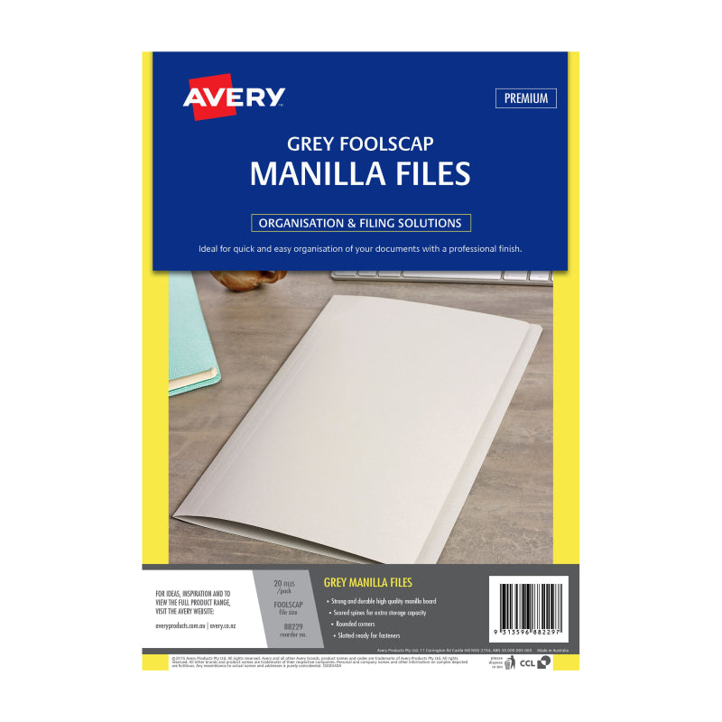 Pack of 20 AVERY Manilla Folders in grey color, made from durable manilla board, ideal for organizing documents.