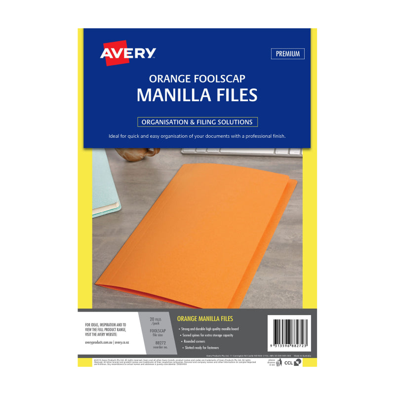 Pack of 20 AVERY Manilla Folders in vibrant orange color, made from durable manilla board for document organization.