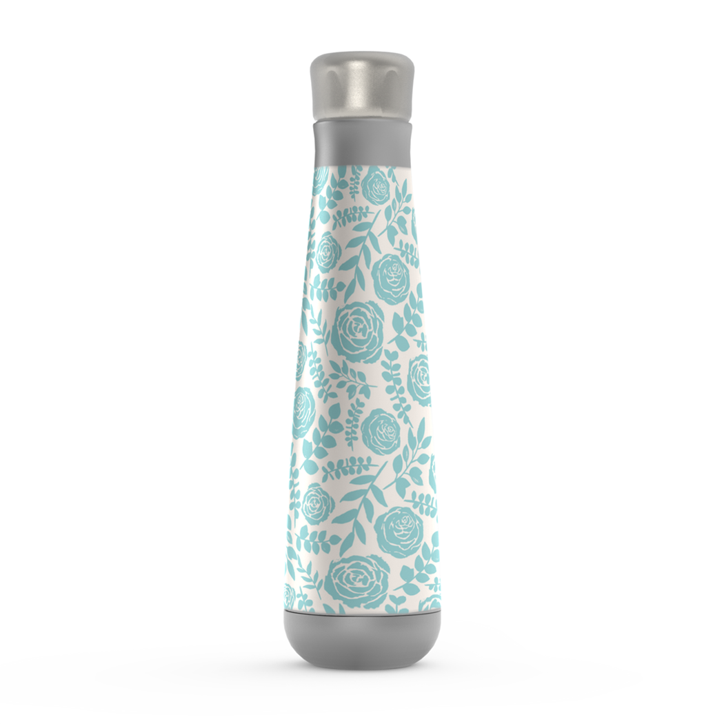 Baby Blue Floral Water Bottle made of stainless steel with a floral design, featuring a screw-on lid and vacuum insulation.