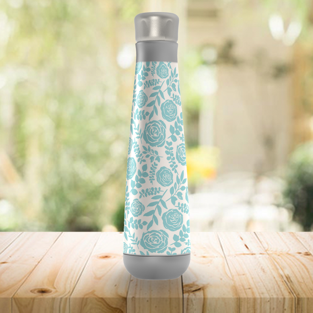 Baby Blue Floral Water Bottle made of stainless steel with a floral design, featuring a screw-on lid and vacuum insulation.