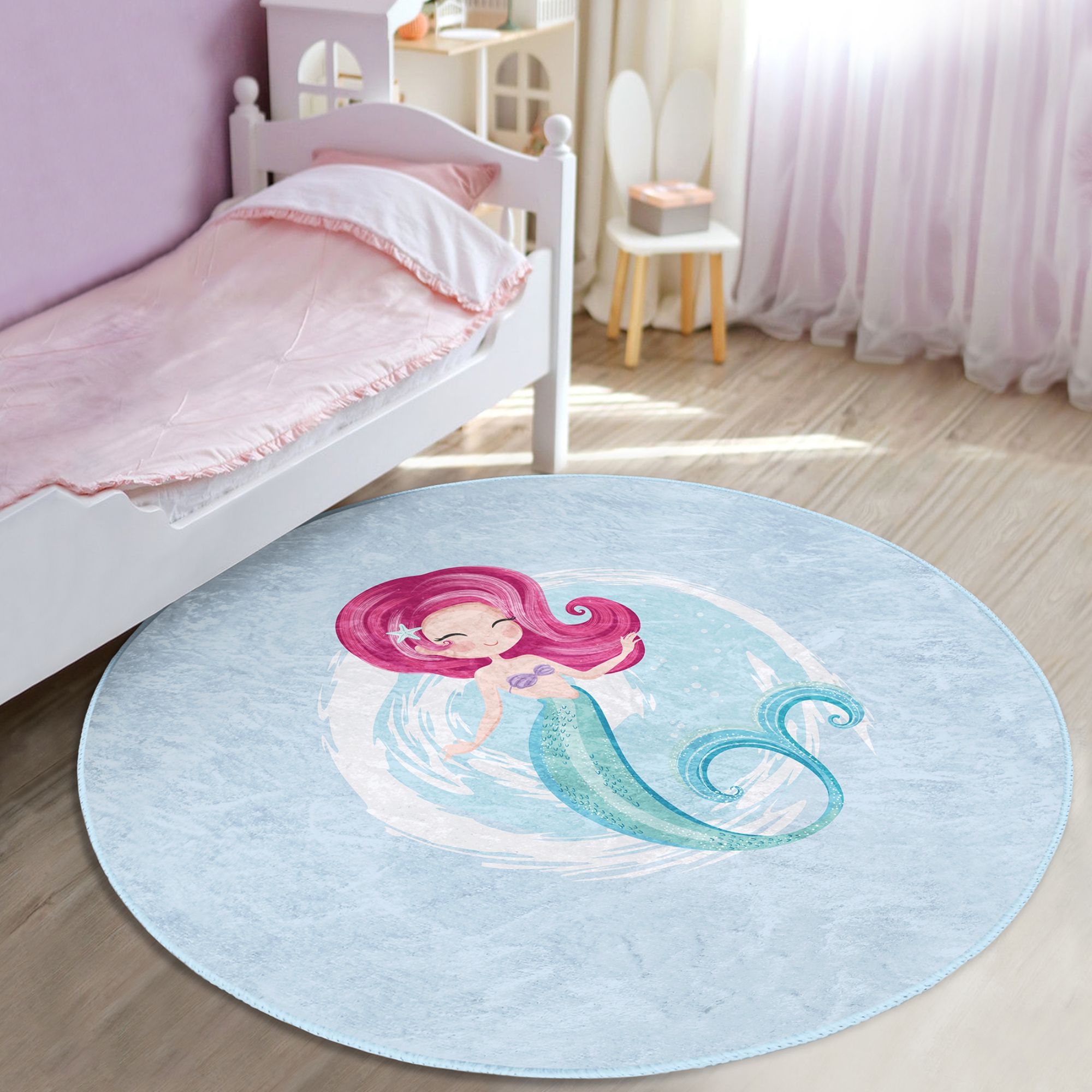 Colorful Baby Girl Mermaid Pattern Decorative Washable Rug featuring playful mermaid designs, perfect for children's rooms.