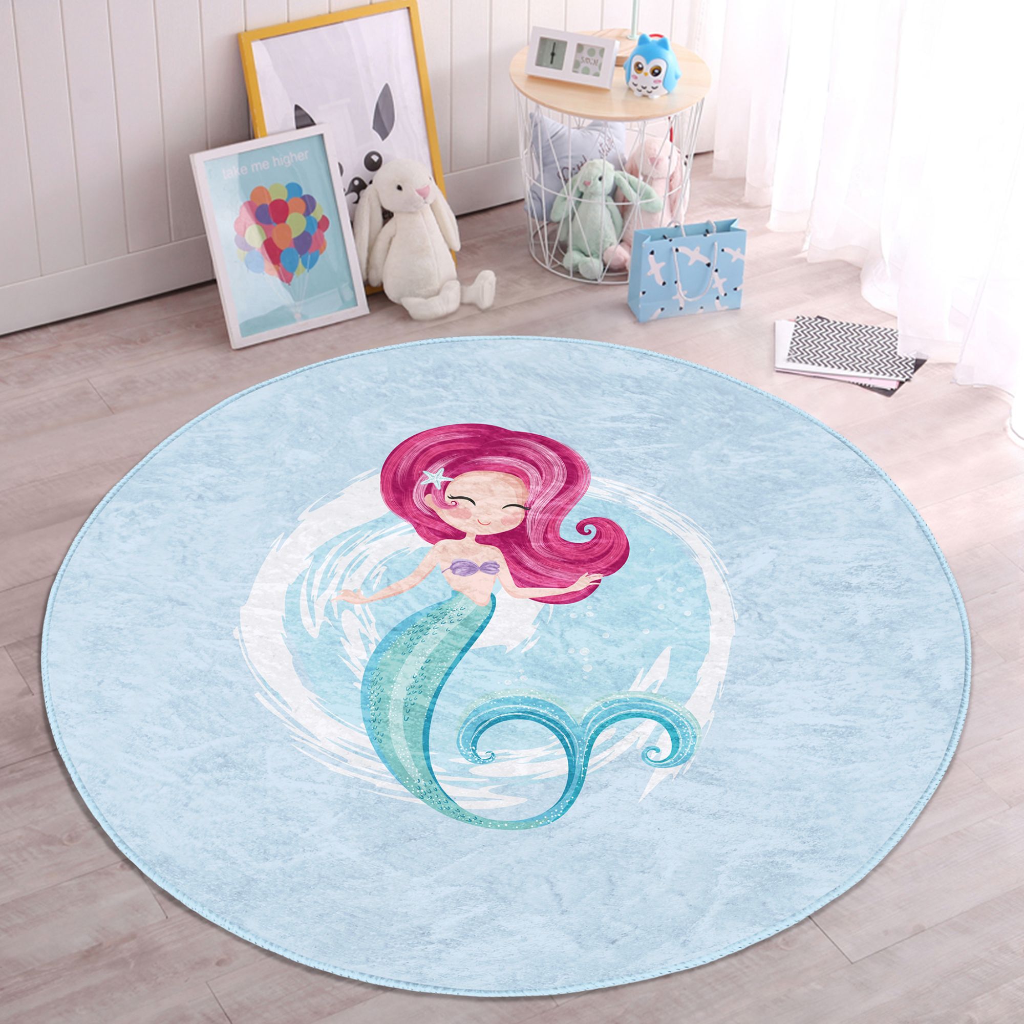 Colorful Baby Girl Mermaid Pattern Decorative Washable Rug featuring playful mermaid designs, perfect for children's rooms.