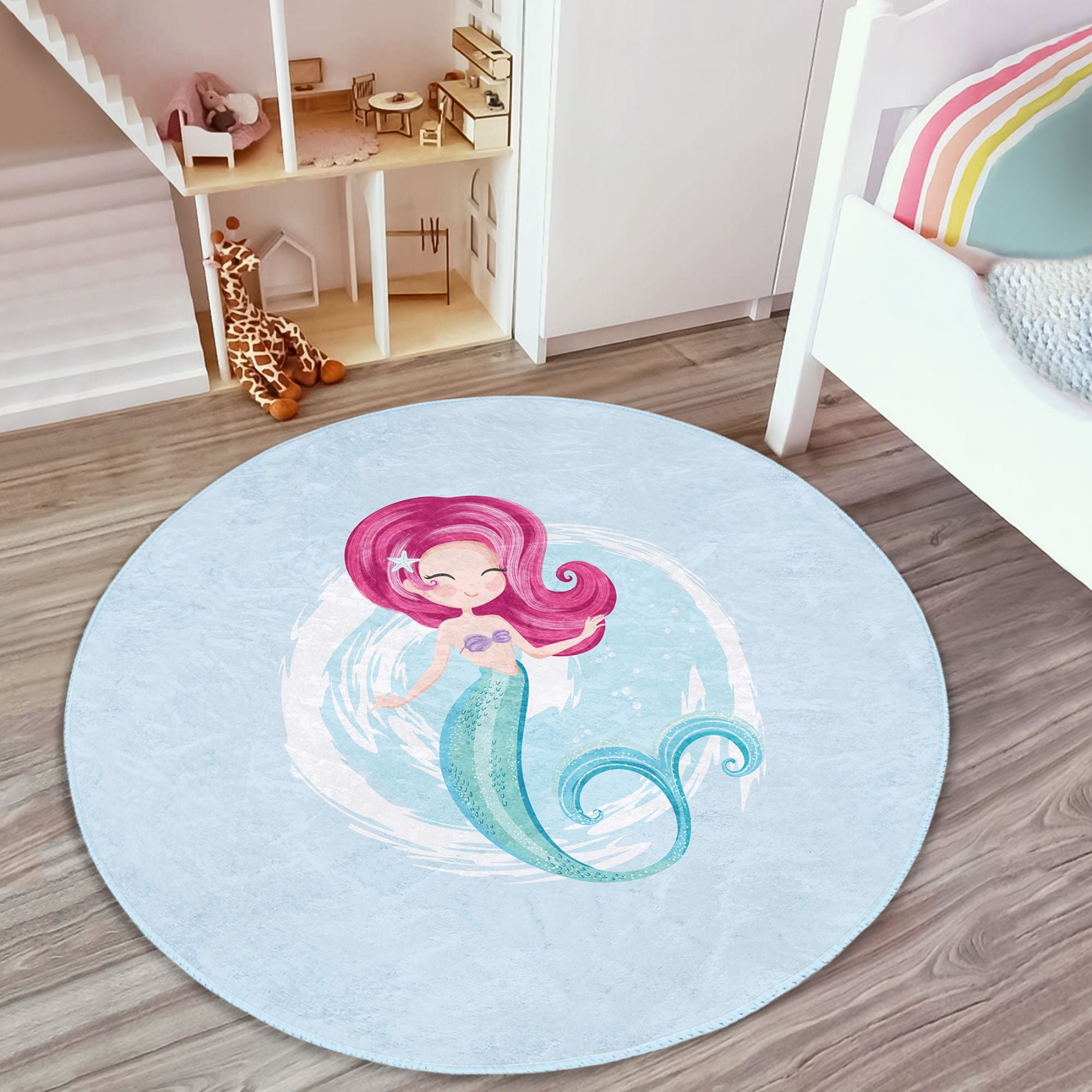 Colorful Baby Girl Mermaid Pattern Decorative Washable Rug featuring playful mermaid designs, perfect for children's rooms.
