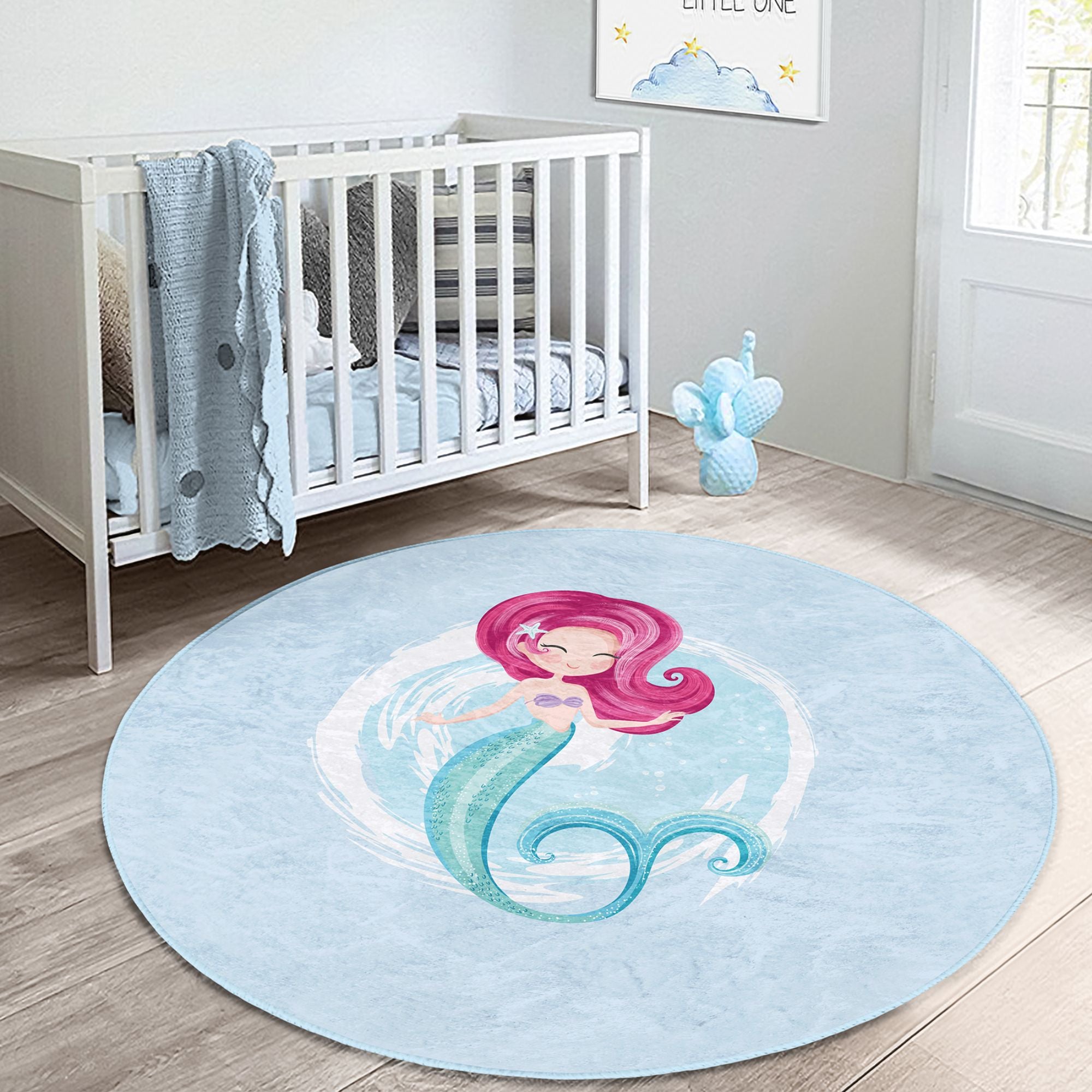 Colorful Baby Girl Mermaid Pattern Decorative Washable Rug featuring playful mermaid designs, perfect for children's rooms.