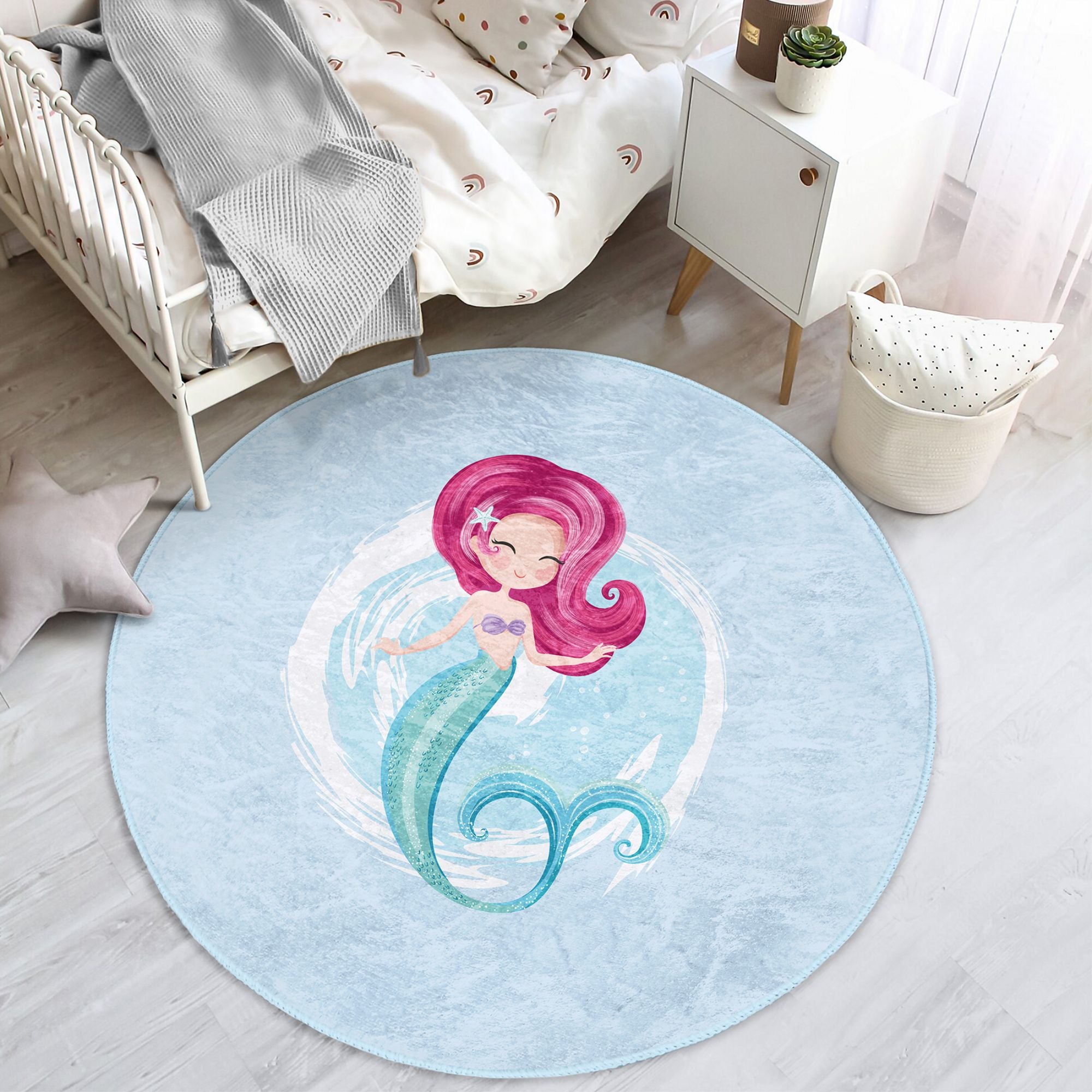 Colorful Baby Girl Mermaid Pattern Decorative Washable Rug featuring playful mermaid designs, perfect for children's rooms.