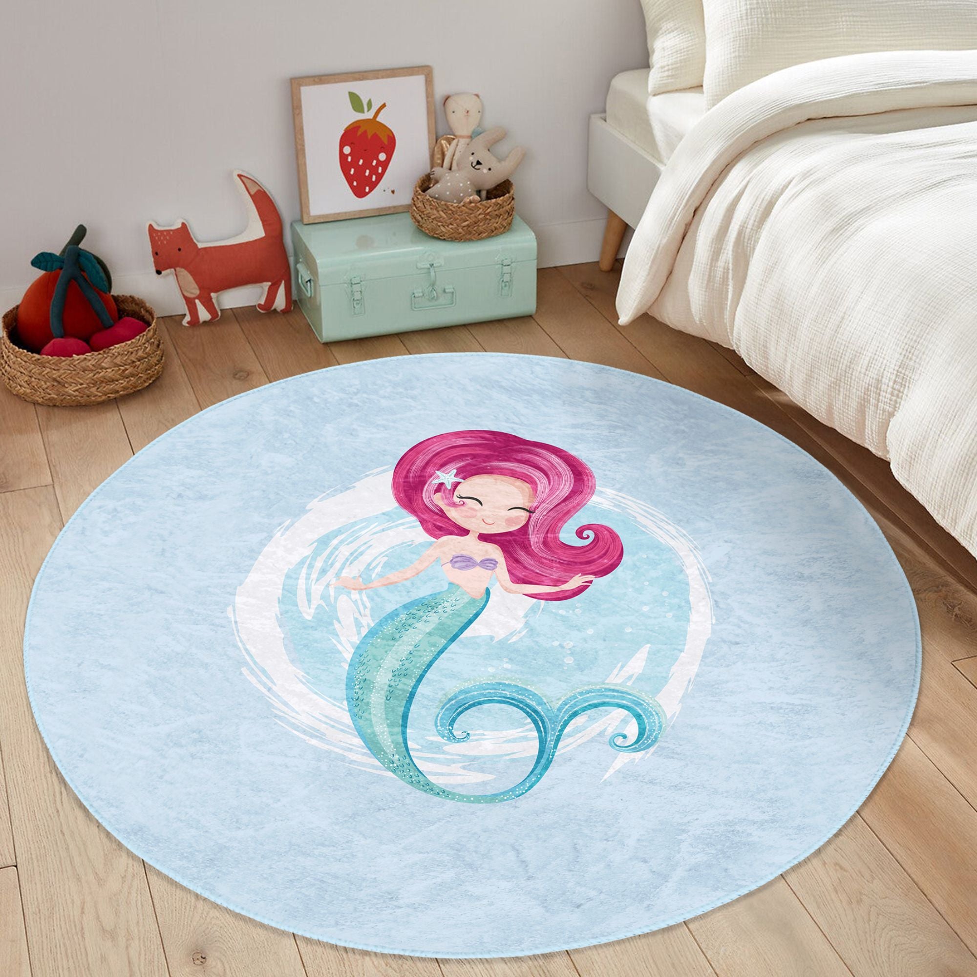 Colorful Baby Girl Mermaid Pattern Decorative Washable Rug featuring playful mermaid designs, perfect for children's rooms.