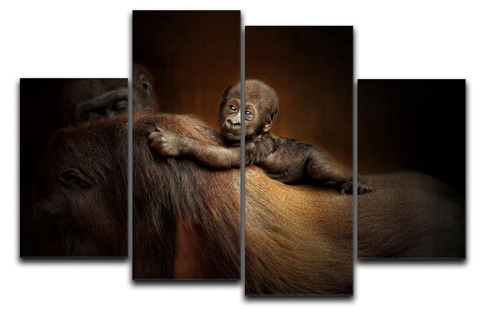 A vibrant 4-split canvas artwork featuring a playful baby monkey, perfect for children's rooms.