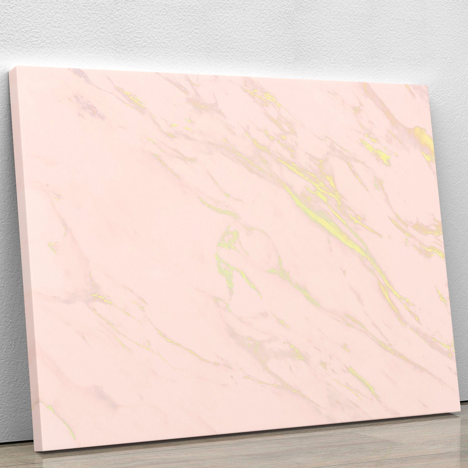 A beautiful canvas print featuring baby pink marble with elegant gold veins, perfect for home decor.
