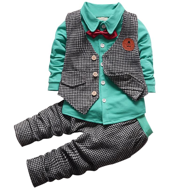 A stylish Baby Toddler Child Boys Clothes Set featuring a long sleeve plaid gentleman suit with a turn-down collar and single-breasted closure.