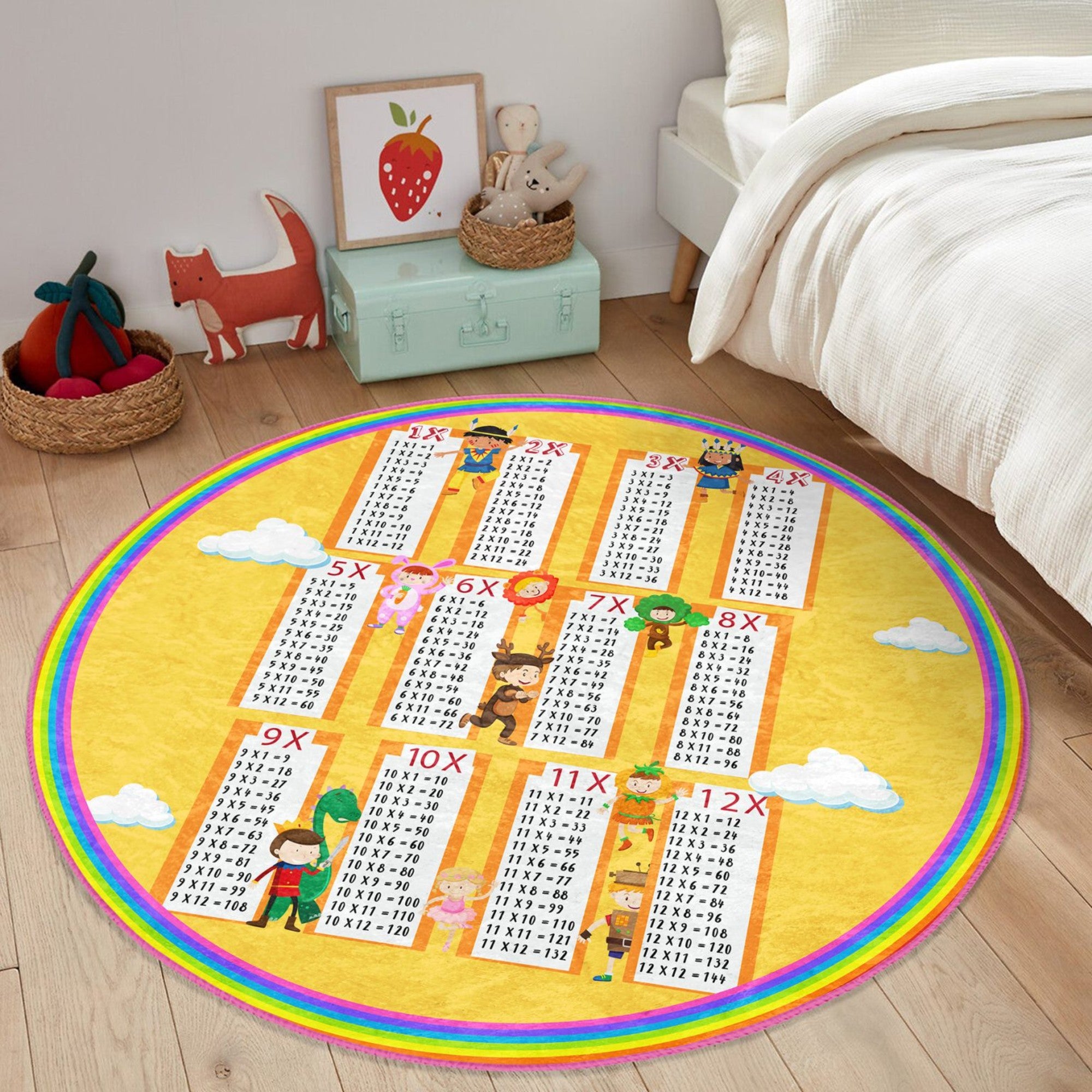 A colorful round rug designed for kids' rooms featuring educational charts, made from soft velvet fabric, perfect for learning and play.