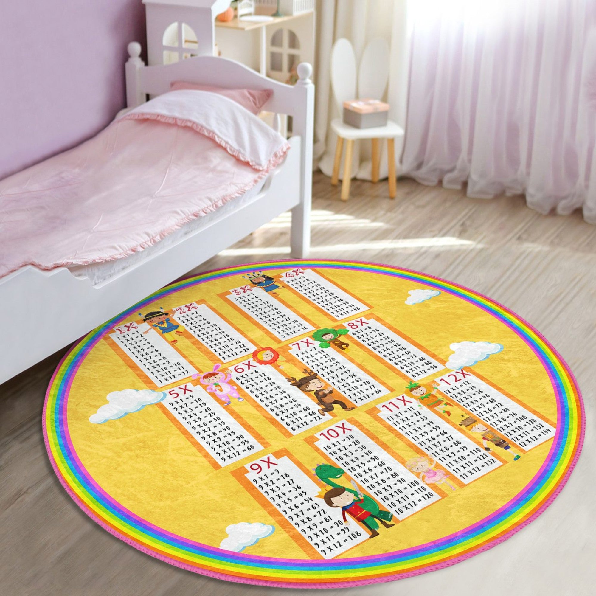 A colorful round rug designed for kids' rooms featuring educational charts, made from soft velvet fabric, perfect for learning and play.