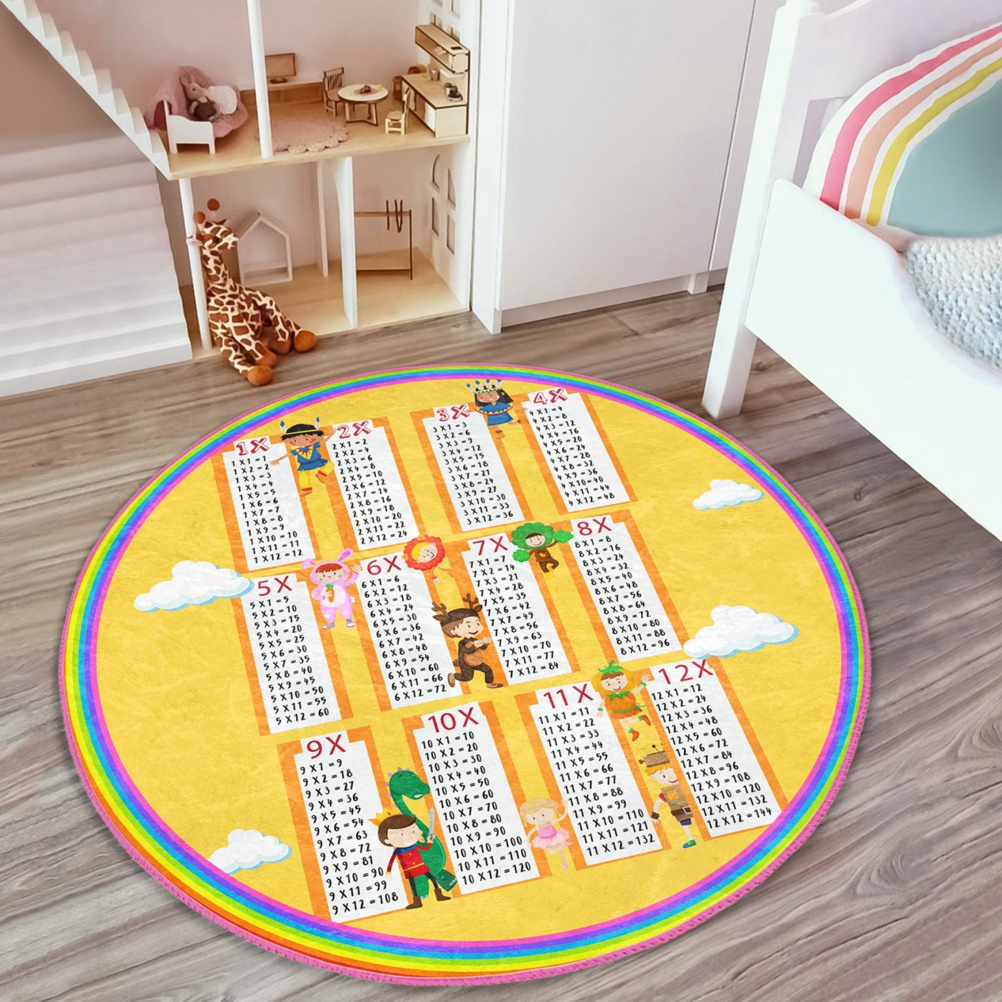 A colorful round rug designed for kids' rooms featuring educational charts, made from soft velvet fabric, perfect for learning and play.