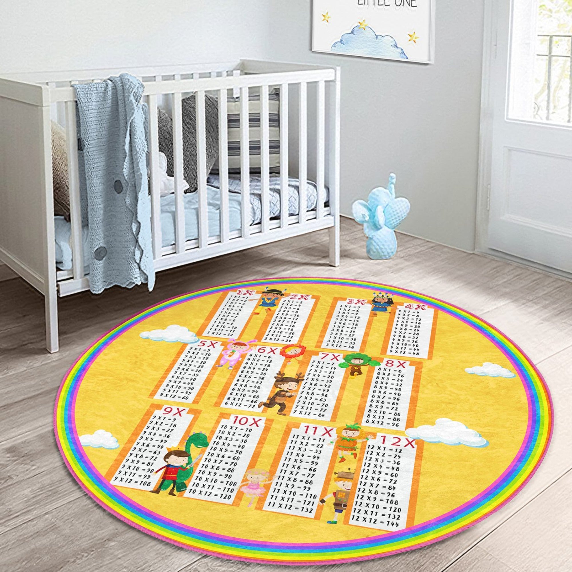 A colorful round rug designed for kids' rooms featuring educational charts, made from soft velvet fabric, perfect for learning and play.