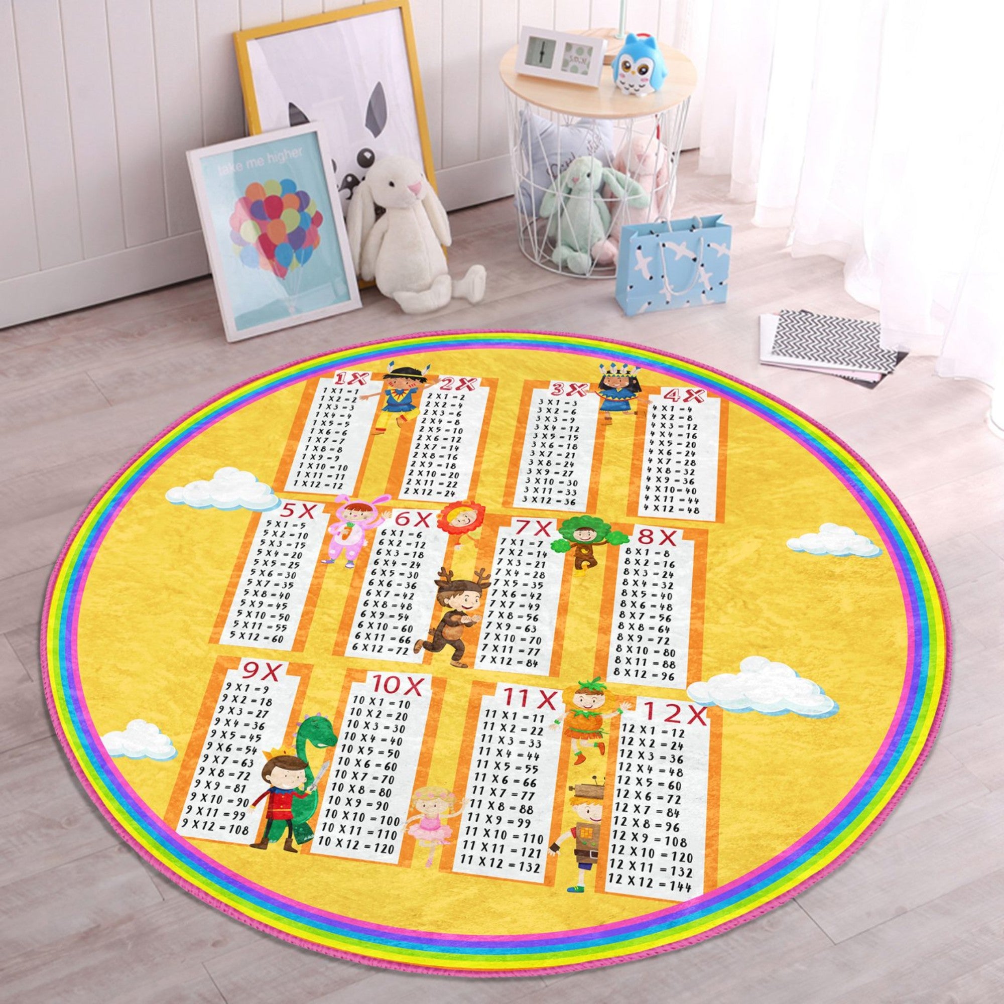 A colorful round rug designed for kids' rooms featuring educational charts, made from soft velvet fabric, perfect for learning and play.