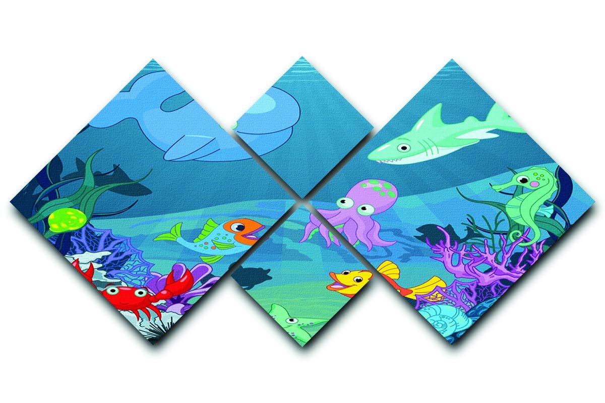 A vibrant 4-square multi panel canvas depicting underwater life, showcasing colorful marine creatures and plants in a harmonious arrangement.