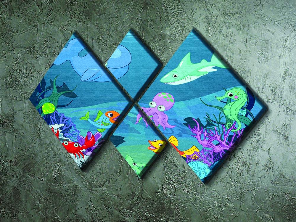 A vibrant 4-square multi panel canvas depicting underwater life, showcasing colorful marine creatures and plants in a harmonious arrangement.