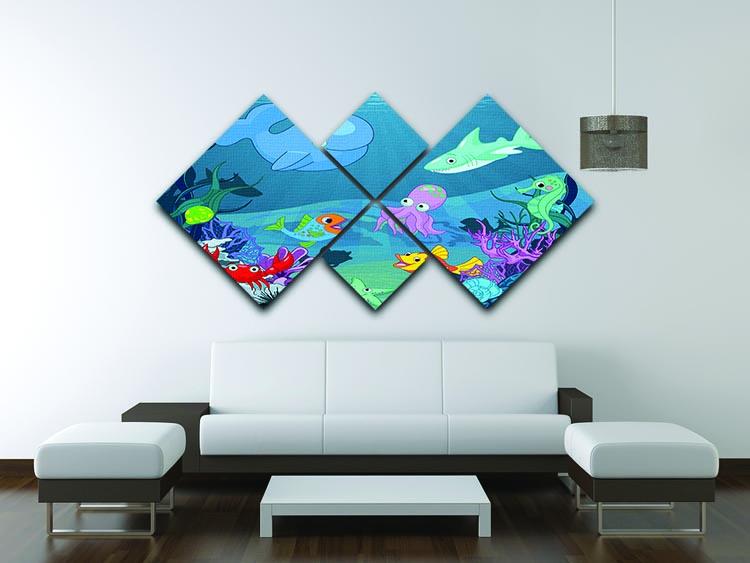 A vibrant 4-square multi panel canvas depicting underwater life, showcasing colorful marine creatures and plants in a harmonious arrangement.