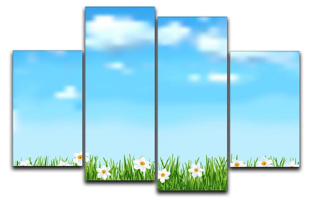 A beautiful 4 Split Panel Canvas artwork featuring lush green grass and delicate white flowers, arranged in a modern split design.