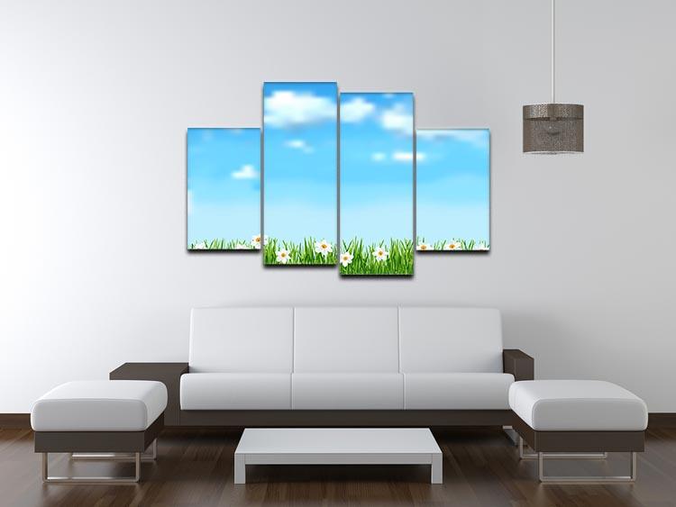 A beautiful 4 Split Panel Canvas artwork featuring lush green grass and delicate white flowers, arranged in a modern split design.