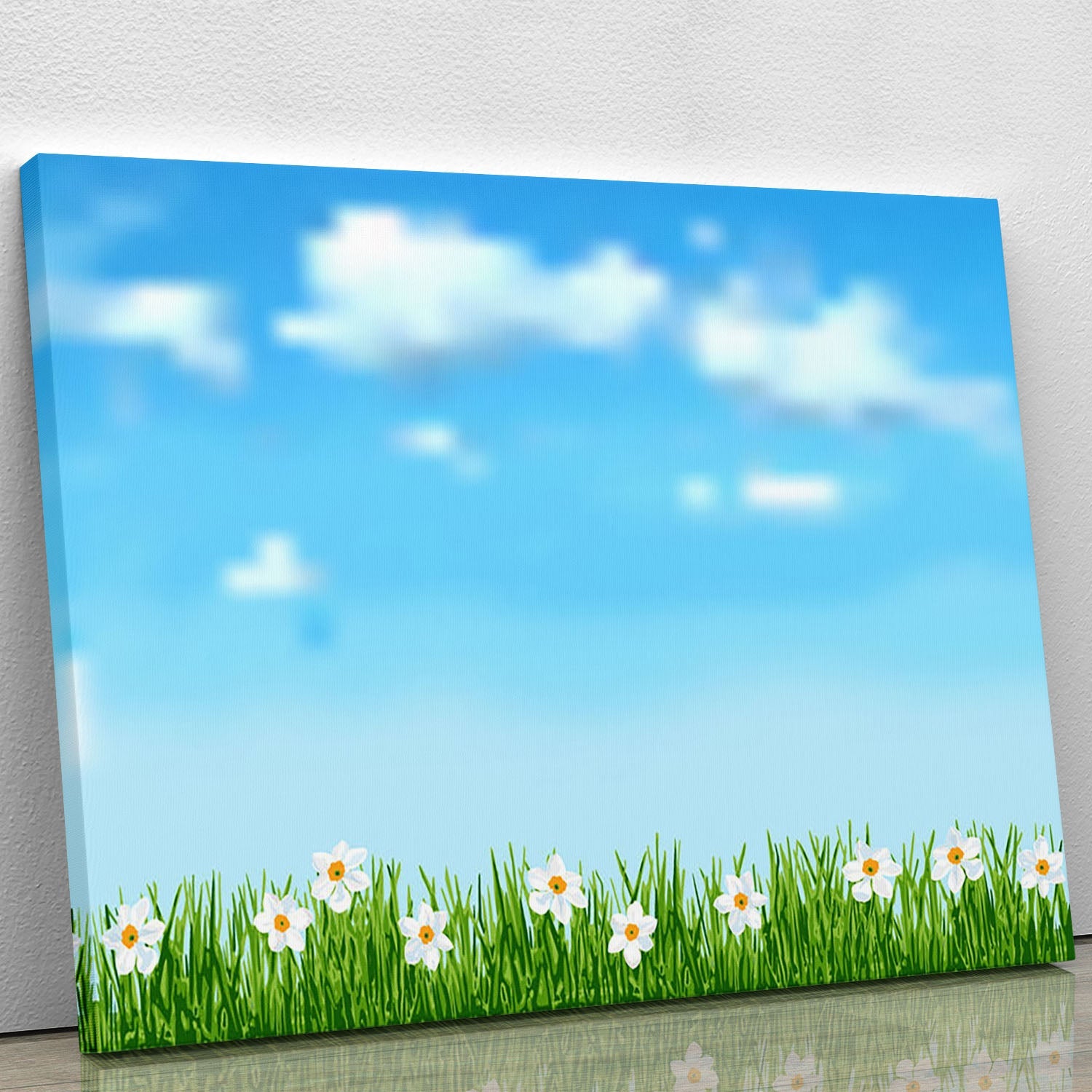 A beautiful canvas print featuring a lush green background with delicate white flowers, perfect for home decor.