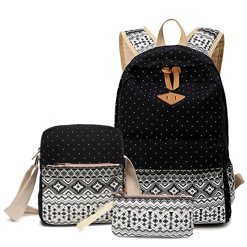 A stylish 3-piece backpack set including a backpack, meal pack, and pencil case, designed for casual use with multiple pockets and a trendy jacquard pattern.