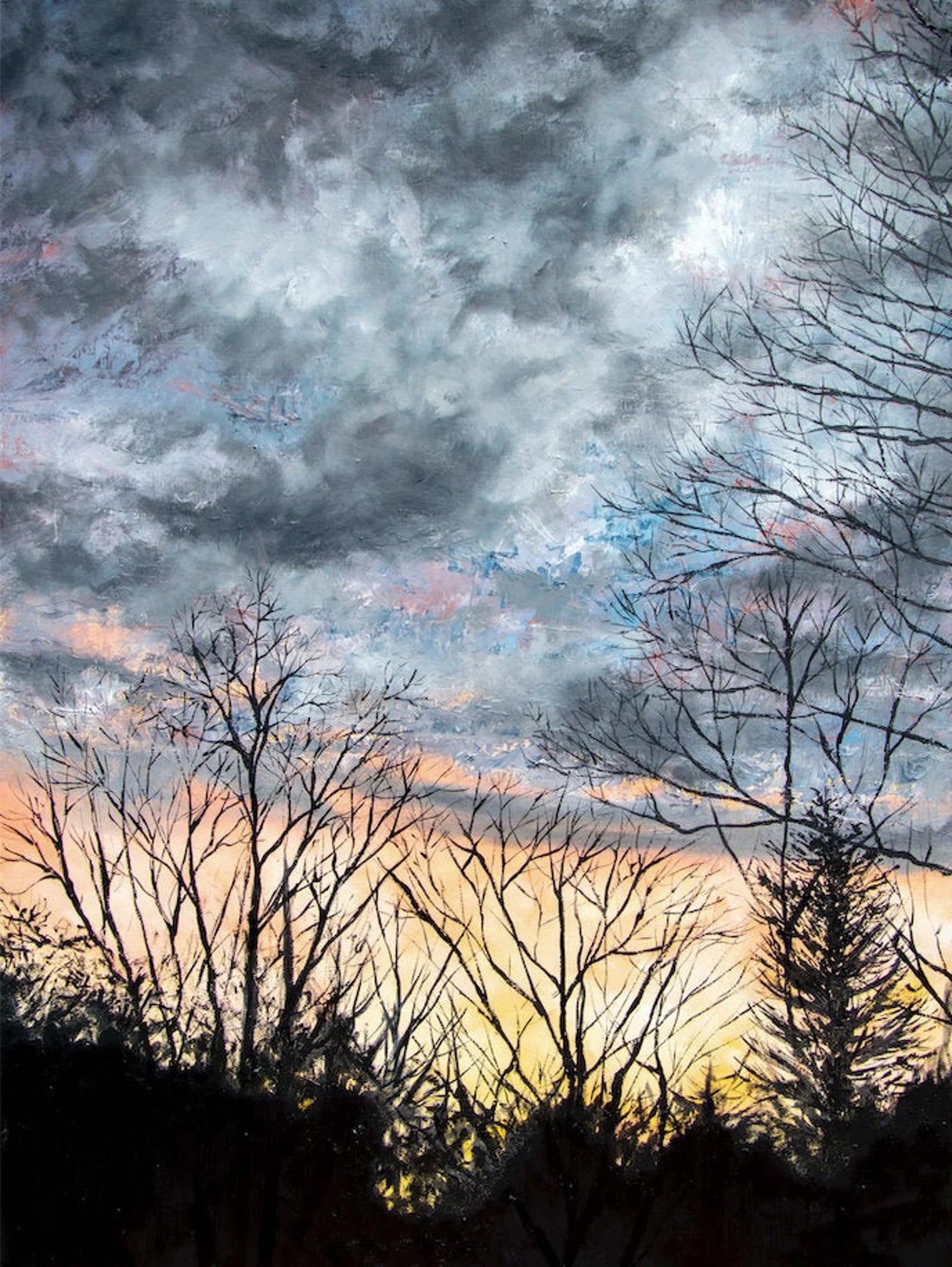 Vibrant abstract landscape art print titled Backyard Sunset, showcasing intricate details and soothing colors created with alcohol inks.