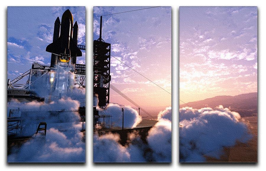 Baikonur 3-panel canvas art featuring a spacecraft against a vibrant sky, perfect for home decor.