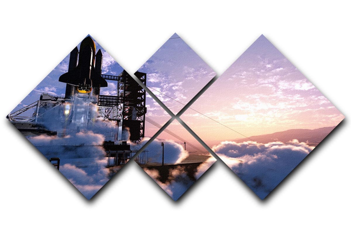 A visually striking 4-square canvas artwork featuring a spacecraft soaring against a vibrant sky, perfect for home decor.