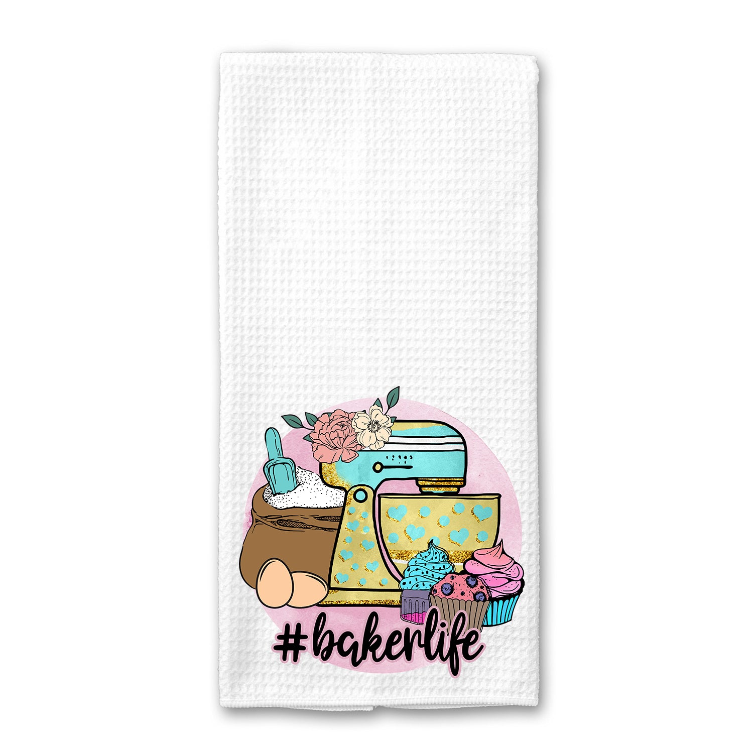 A stylish #bakerlife Kitchen Towel made of absorbent microfiber, featuring a decorative design suitable for any kitchen.