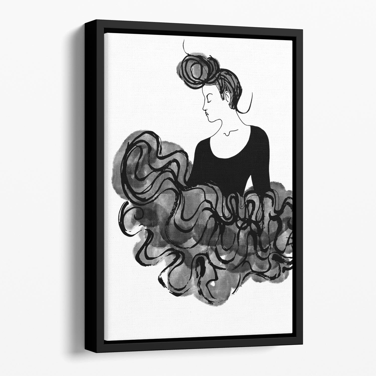A vibrant abstract canvas art featuring a ballerina in motion, elegantly framed in a floating wooden frame.
