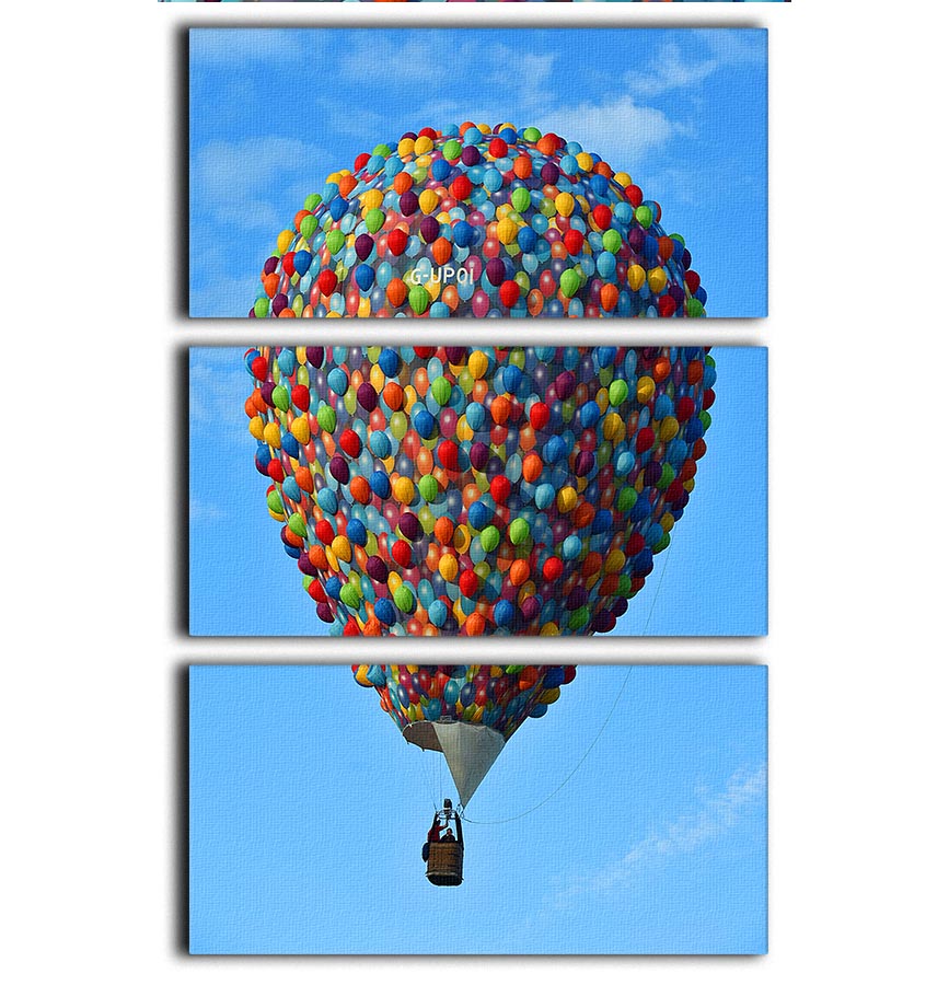 Three-panel canvas print featuring colorful balloons, enhancing wall decor with vibrant art.