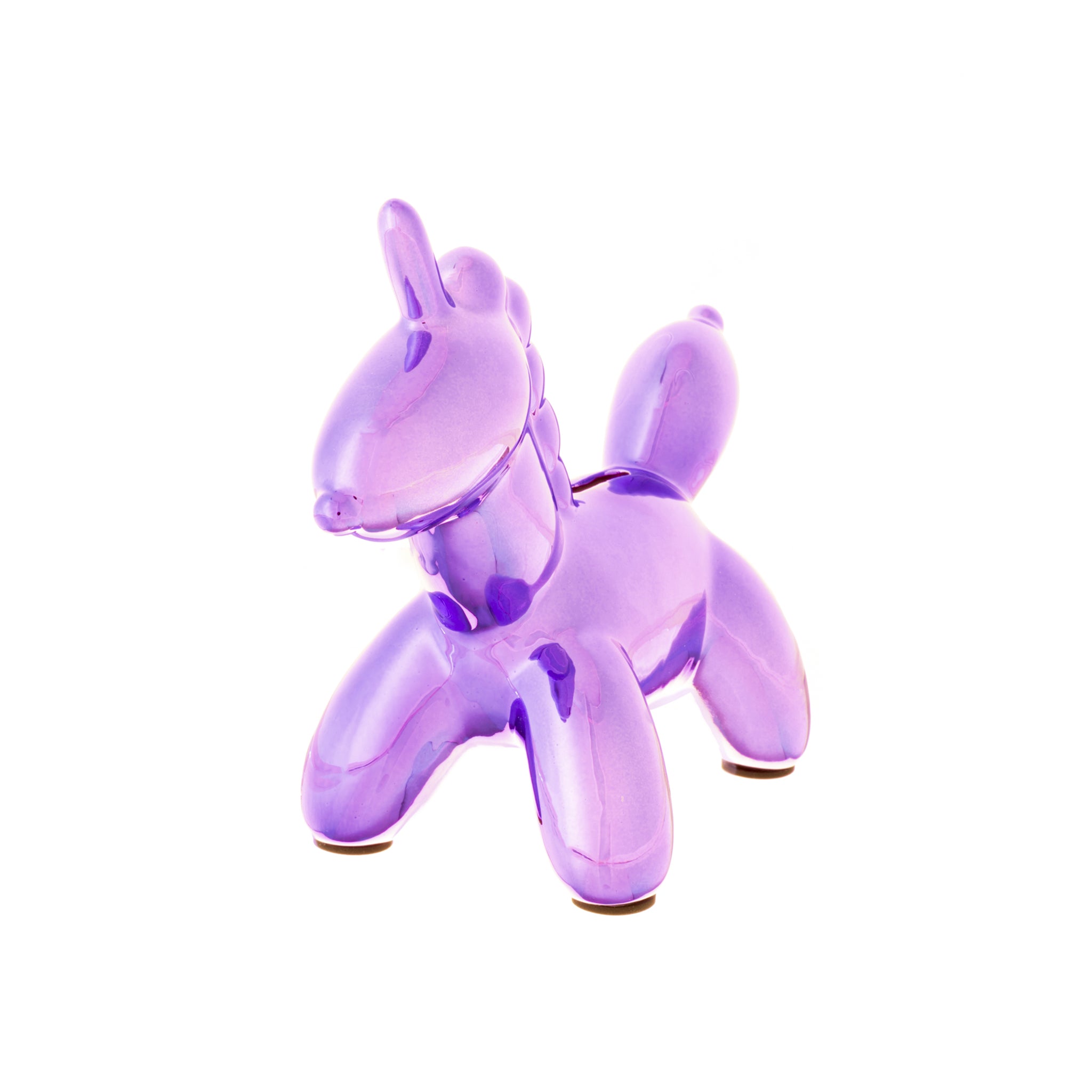 A vibrant purple Balloon Unicorn Bank made of ceramic, featuring a whimsical balloon animal design, perfect for saving coins.