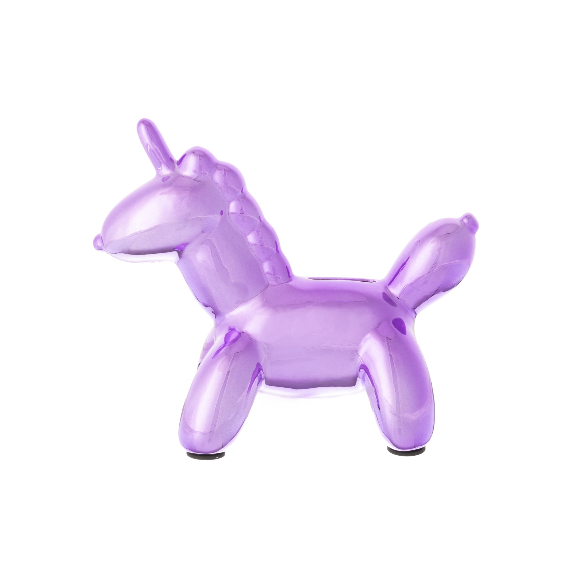 A vibrant purple Balloon Unicorn Bank made of ceramic, featuring a whimsical balloon animal design, perfect for saving coins.