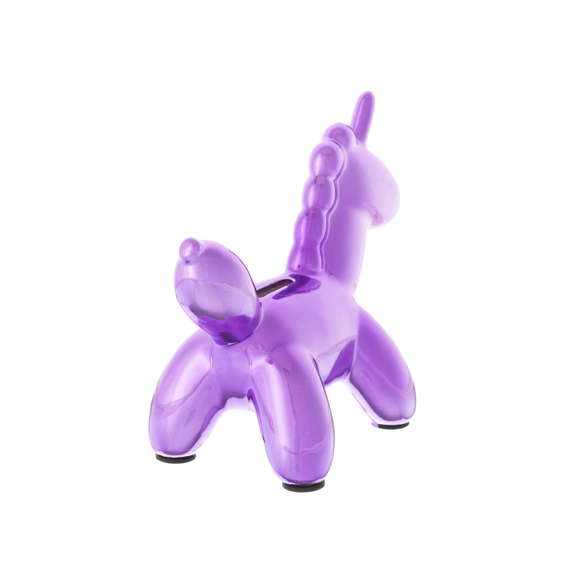 A vibrant purple Balloon Unicorn Bank made of ceramic, featuring a whimsical balloon animal design, perfect for saving coins.