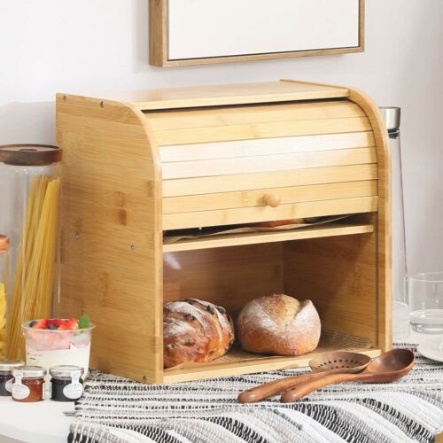 Bamboo Bread Box with two compartments, showcasing its elegant design and sliding door feature.